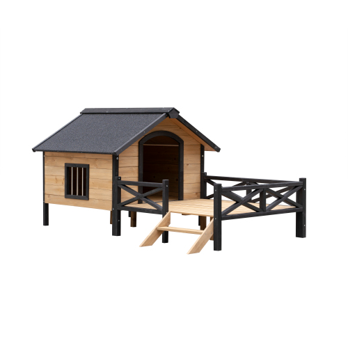 Outdoor Large Wooden Dog Kennel With Porch & Ramp