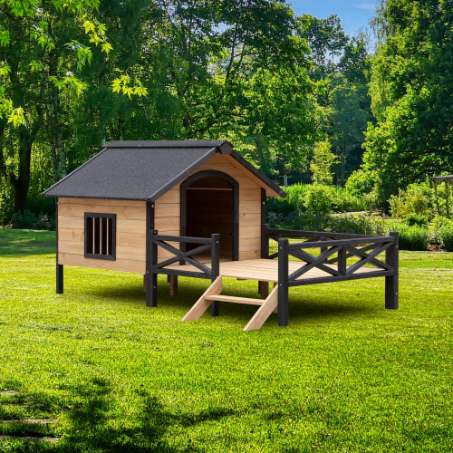 Outdoor Large Wooden Dog Kennel With Porch & Ramp