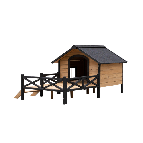 Outdoor Large Wooden Dog Kennel With Porch & Ramp